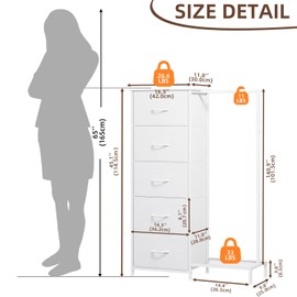 Somdot Dresser with Hanging Rack, 5 Drawers Small Closet for Bedroom, Reversible Dresser with Clothes Rack, Kids Dressers for Bedroom Chest of Drawers, Tall Storage Tower, White Leather