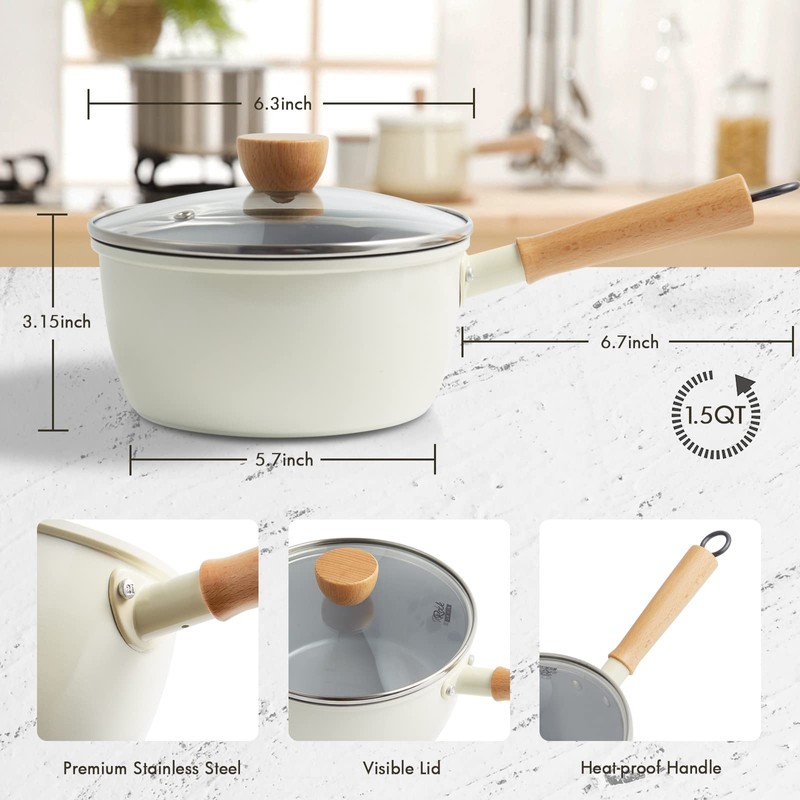 ROCKURWOK Ceramic Nonstick Sauce Pan with Lid, 1.5 Qt Small