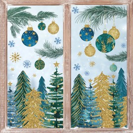 JarThenaAMCS 67Pcs Christmas Window Clings Blue Green Gold Xmas Tree Hanging Ball Snowflake Window Decal Winter Forest Reusable PVC Window Decor for Home Party Glass Mirror