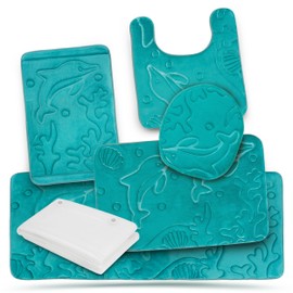 Effiliv Bathroom Rugs Set 5 Piece Memory Foam Mats + Eva Shower Liner, Extra Soft Anti-Slip Shower Large Bath Rugs – Happy Feet, Happy Life, Teal