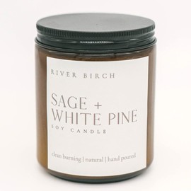 River Birch Candles Sage + White Pine Scented Candle | Premium, All-Natural, Non-Toxic, Soy Amber Jar Candles | 8.5oz 40 Hr Burn Time | Cozy Relaxing Gifts for Home