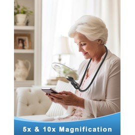 Magnifying Glass for Reading with 5.12in Diameter Magnifying Lens, 5X Neckwear Hands Free Magnifier with Stand for Seniors and Low Vision When Sewing, Cross Stitch, Needlepoint, Reading(Black)