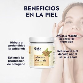 HEBBE - Manteca de karit 120 g  Hidrata a profundidad la epidermis  Estimula la produccin de colgeno  Ayuda a reducir las lneas de expresin  Renueva  