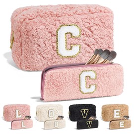 YOOLIFE Initial Makeup Bag, 2 Pieces Cosmetic Bag Travel Toiletry Bag Birthday Gifts for Women Teen Girl Gifts Bride Gifts Girlfriend Gifts Wedding Gifts Daughter Gifts Sister Gifts (Pink C)