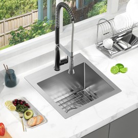 15 x 15 inch Drop in Bar Sink Small Topmount Kitchen Sink 18 Gauge Single Bowl Stainless Steel Bar Sink with Basket Strainer Drain & Bottom Grid