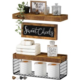QEEIG ‎Bathroom Shelves Over Toilet - Paper Storage Wall Mounted Farmhouse Decor Decorations Aesthetic Décor Sign Small Floating Wall Shelf 2+1 Set 16 inch Sweet Cheeks, Rustic Brown (020BN-SC)