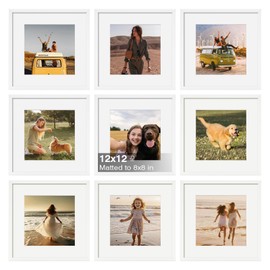 KINLINK 12x12 Picture Frames, White Frames with Plexiglass for Picture 8x8 with Mat or 12x12 without Mat, Composite Wood Picture Frames for Table Top and Wall Mounting, Set of 9