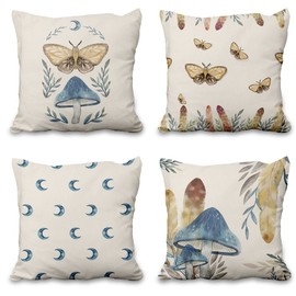 Aoihrraan 56 x 56 cm, Set of 4 Decorative Dreamy Fairy Tale Cushion Covers Mushroom Butterfly Moon Watercolour White Decorative Cushion Cover Square Couch Cushions Decorative Cushion Bed Living Room