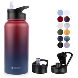 MURBONE Stainless Steel Drinking Bottle 1 Litre (+ 2 Lids) with Straw, BPA-Free, Leak-Proof, Suitable for Carbonated Drinks, Thermos Flask, Vacuum Double Wall Insulation for Sports, Travel, Camping