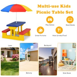 Costzon Kids Picnic Table, Kids Outdoor Table and Chair Sets with Removable Umbrella, Toddler Outdoor Furniture for Backyard, Garden, Patio (Colorful)