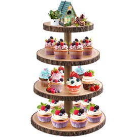 GrnVibe Cupcake Stand Wood Dessert Stands 4 Tier Cupcake Tower Large Cupcake Display Stand Rustic Cupcake Tier Stand for Woodland Baby Shower Decorations/Wedding/Birthday/Party/Farmhouse Decor