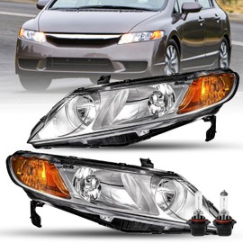 SOCKIR OE Style Headlight Assembly Pair Compatible with 2006-2011 Honda Civic Sedan 4-Door Front Headlamp w/Bulbs (Passenger and Driver Side)