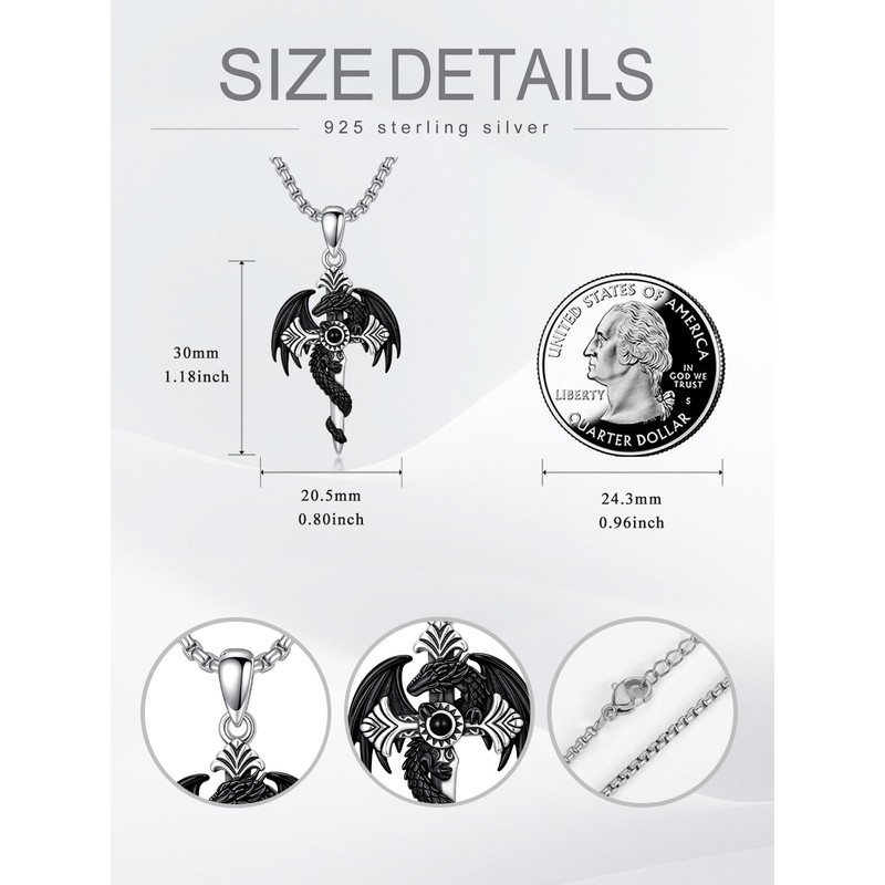 Lypic Gothic Dragon Sword Necklace for Men Women 925 Sterling