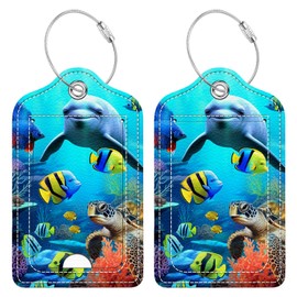 Funny PU Leather Luggage Tags 2-Pack Ocean Dolphin Sea Fish Coral Cute Pattern Suitable for Suitcase Stainless Steel Loop and Address Card Essential for Cruise and Airport Travel for Men and Women