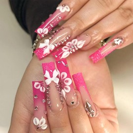 Rose Pink Press on Nails Long Square Fake Nails with Rhinestones Bow Flower Design Cute Acrylic Nails Press ons French Full Cover Glue Stick on Nails for Women 24 Pcs