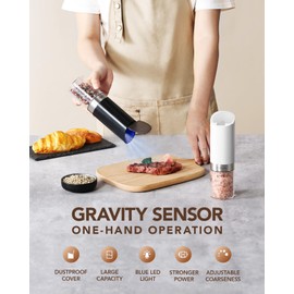 Sangcon Gravity Electric Salt and Pepper Grinder Set with Dust Cover, Battery Operated(4 AAA), Large Capacity, Adjustable Coarseness, One Hand Automatic Salt and Pepper Shakers Set Mill with LED Light