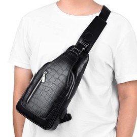 Leather Sling Bag Crossbody Daypack for Men Women Outdoor Travel Sports Camping Fishing Hiking Casual Shoulder Chest Pack (Black)