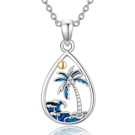 Lypic Palm Tree Necklace 925 Sterling Silver Palm Tree Teardrop Pendant Ocean Hawaiian Jewelry for Women