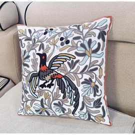 ZUODU Hand Made National Embroidery Bird Housewarming Car Home Decoration Cotton Cushion Cover/Throw Grey Pillow Cover,Bird Grey,45 x 45 Centimeters