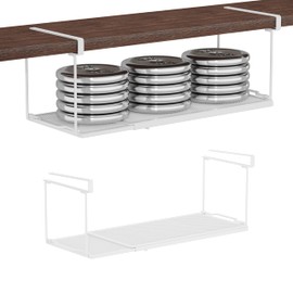 ROLIZOE Expandable Under Cabinet Organizer, Under Shelf Basket, Metal Hanging Under Desk Basket for Laundry Room, Cabinet, Shoe Bench, Closet, Paper Plate Storage (White Elevated - 2PCS)