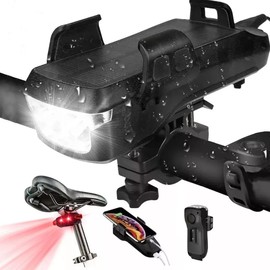 EWTTO Luz Bicicleta Led 4000mah Ipx6 Solar Lámpara,Multifunción Traje（luz Trasera de Bicicleta+Soporte para teléfono móvil+ Bocina de Alto decibelio+ Cable de Carga+ luz para Bicicleta） (Negro)
