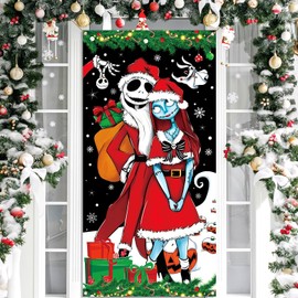 Vohado Merry Christmas Jack Sally Door Cover Nightmare Before Christmas Christmas Decorations Front Porch Banner for Home Decor