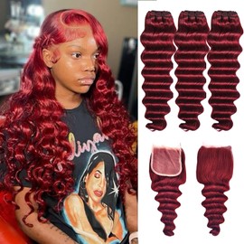 Burgundy Loose Deep Wave Bundles with Closure Human Hair 16 18 20+16inch Free Part 99J Red Human Hair Bundles with 4X4 Lace Closure 10A Brazilian Remy Hair Loose Deep Wave