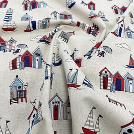 Canvas Fabric - Beach Huts Lighthouses Boats Seaside Print on Natural - Craft Fabric Material