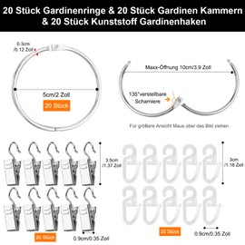 HavaCue 20 PCS Curtain Rings with Clips 50 mm Curtain Clips Ring metal Curtain Rings stainless steel Curtain Clips with Hooks for Home Window Rod Decoration