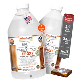 WiseBond Table Top Epoxy Resin 1 Gallon Kit, Made in USA, Food Safe Bubble Free, Anti-Yellow UV Resistant, Clear High Gloss, 2 Part 1:1 Mix Ratio, DYI Bar Tops, Countertop Surface Coating