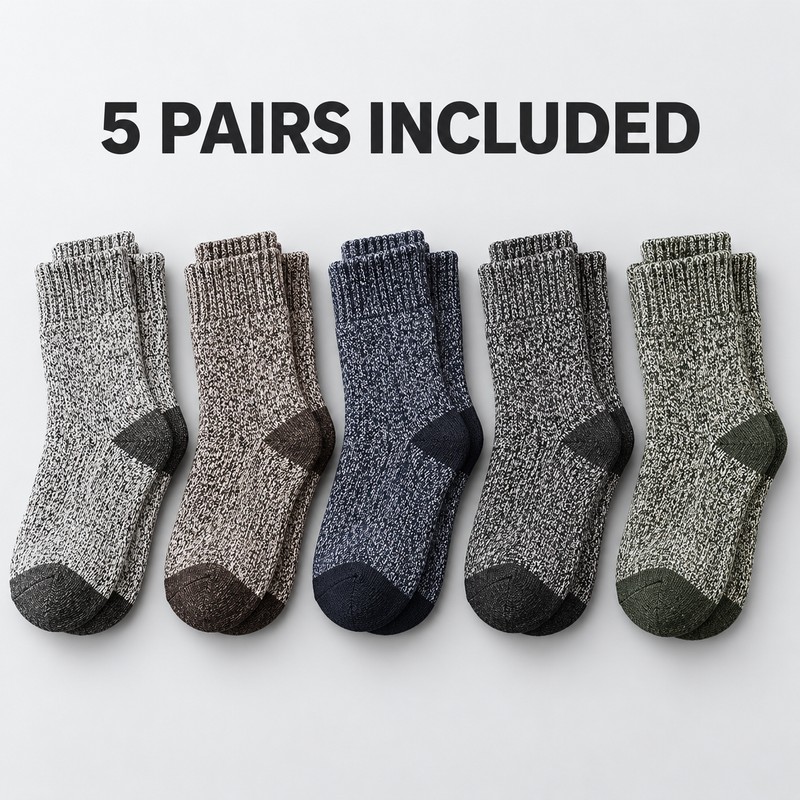 5-Pair Men's Thick Cotton Thermal Hiking Socks, Mid-Calf, US Size