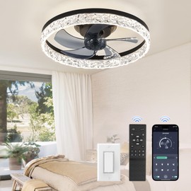 ZMISHIBO 19.7" Ceiling Fans with Lights, Low Profile Ceiling Fan and Remote, Flush Mount Ceiling Fans, Stepless Dimmable LED Light, Black Fixtures for Bedroom, Living Room