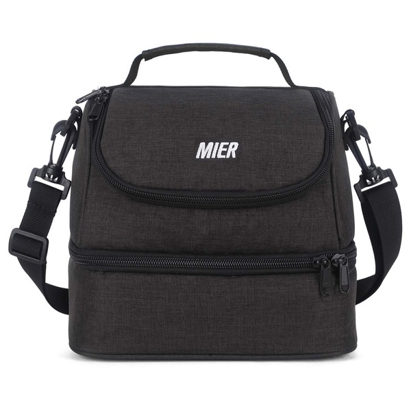 MIER 2 Compartment Kids Small Lunch Box Bag for Boys Girls Toddlers, Adult Leakproof Cooler Insulated Lunch Tote with Shoulder Strap (Dark Grey)