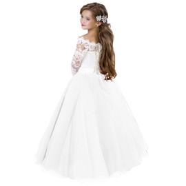 Flower Girl Dress Kids Lace Pageant Party Christmas Ball Gown Dresses (Size 8, White)
