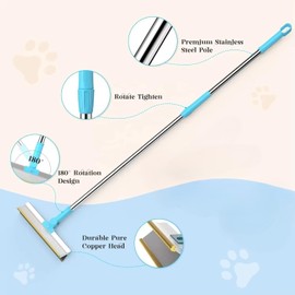 PurrPawsome Carpet Rake for Pet Hair Removal with 180 Degree Rotation 54” Long Head and Hanging Hook - Easily Adjustable and Washable, for Quick Pet Hair Cleanup on Multiple Surface (Light Blue)