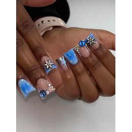 RUOKEXIN Duck Press on Nails Medium Fake Nails Blue False Nails with Charms Designs French Tip Nail Press ons Sparkly Artificial Nails Glossy Glue on Nails Cute Stick on Nails for Women 24Pcs