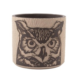 Napco Rustic Carved Horned Owl Face - 5.75 Inch Brown Cement Round Standing Indoor or Outdoor Planter Pot