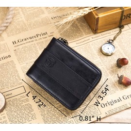 BULLCAPTAIN Genuine Leather Men Zipper Wallet Bifold RFID Blocking Wallet Large Capacity Multi Card Holder Coin Purse (Black)