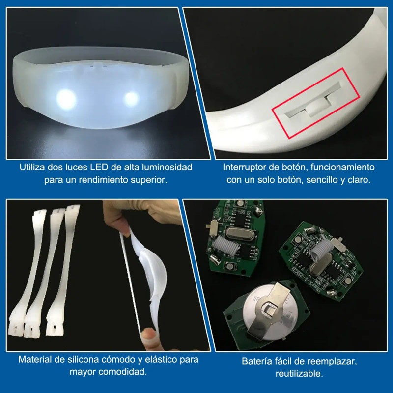 14 Pulsera Led Blanco Audiorítmica Para Fiestas 20 Cm Bodas