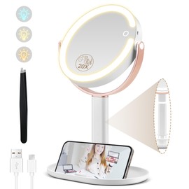 MOMOKUBA Makeup Mirror with Lights, Double Sided 1x/20x Magnifying Mirror with Light, Rechargeable 3 Color Lights Adjustable Brightness, 360° Rotation Detachable Comes with Tweezer (Rose Gold)