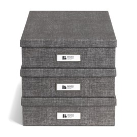 Bigso Oskar Canvas Fiberboard Document Letter Box for Important Paperwork A4 or Letter Size - Durable Keepsake Box with Lid and Metal Label Holder - 3.3in x 10.2in x 13.8in - Melange Grey - 3 Pack