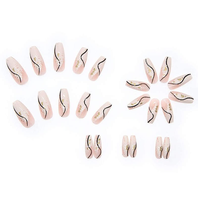 24 Pcs Long Black Curved Flash Gold Foil Nail Tips