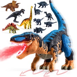 BLmukce Dinosaur Toys for Kids 3-5, Big Dinosaur Toy with Lights, Sounds & Mist Spray, Glideable Wheels, 10+ Mini Dinos Belly Storage Interactive Realistic T-Rex Action Figure for Boys Birthday Gift