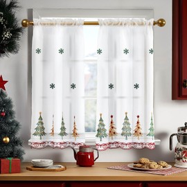 Deconovo - Cortinas de cocina de Navidad, cortinas bordadas de árbol de Navidad, cortinas semitransparentes para café con bolsillo para barra, cortinas cortas con filtrado de luz para ventanas de