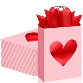 Teling 24 Pcs Valentines Day Gift Bags with Tissue Paper Metallic Heart Goodie Bags with Handles for Valentine Gift Wrapping Anniversary Dating Gift Exchange, 9 x 7 x 3.15 inches(Pink, Red)