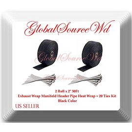 2 Rolls Exhaust Wrap 2" x 50 Ft Exhaust Heat Wrap Tape Header Glassfiber Wrap Kit for Automotive Motorcycle with 8 Stainless Ties (Black)
