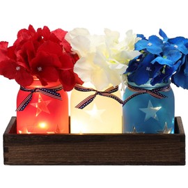 Domensi 4th of July Patriotic Table Decoration Set Rustic Wood Tray with 3 Pcs Mason Jar Centerpieces with String Lights 3 Pcs Artificial Colorful Flower for Independence Day Centerpiece Labor Day