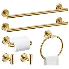 6 Pieces Brushed Gold Bathroom Hardware Accessories Set, SUS304 Stainless Steel 24 Inch Bath Towel Bar Set, Round Bathroom Towel Holder Set, Towel Racks for Bathroom Wall Mounted