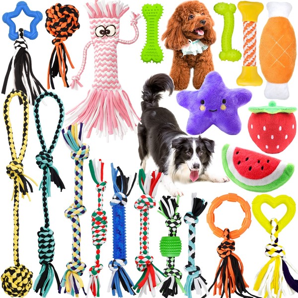 Purpledi 20 Piece Dog Toy Set, Natural Cotton, Rope Ball, Dog Chewing Toy Set, Dogs Robust Teeth Chewing Durable Toy Teeth Training for Small, Medium and Large Puppies