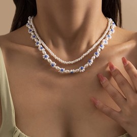 JUMWRIT Cute Flower Necklaces 2 Layered White Blue Beads and Pearl Necklaces Choker Charming Necklaces Accessories for Women and Girls